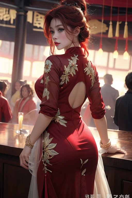 realisticlying, A high resolution, 1 rapariga, red ♥️🍒 color hair, korean people, eBlue eyes, The transparent cheongsam is flying，Sheer tight-fitting garments，Beads of sweat dripped down the buttocks，Large chest，Wide buttock， your ass，Butt visible，Visible on the back，buttocks visible，Ass pouted，wide wide shot，Cinema lenses，The skin glows，space ship，