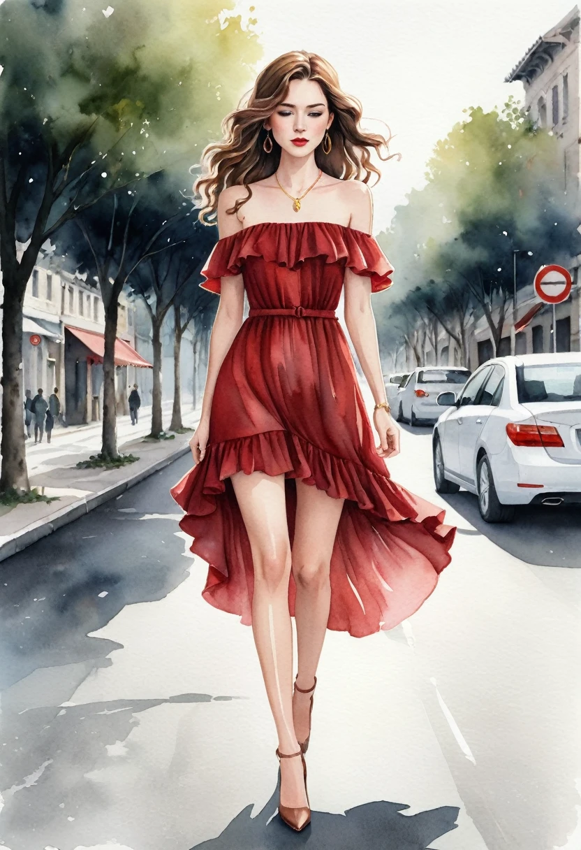 In a watercolor, anime-style, 2D illustration, at eye level, a woman with fair skin, long brown hair and a wide-shouldered red dress walks towards the viewer along a gray asphalt road. She is dressed in a short, off-the-shoulder dress with ruffles at the bottom and off-the-shoulder sleeves. Her hair is styled in curls that cascade down to her shoulders. Her lips are a deep red and she wears a gold necklace with a small pendant. Her eyes are closed and her mouth is open. The dress is fitted at the waist with a slim fit and has a ruffled bottom that cascades down to the knees. the road she is walking on is gray asphalt and has a curb that curves around her. The background is blurred, but it appears to be a blurred image of a tree or building.