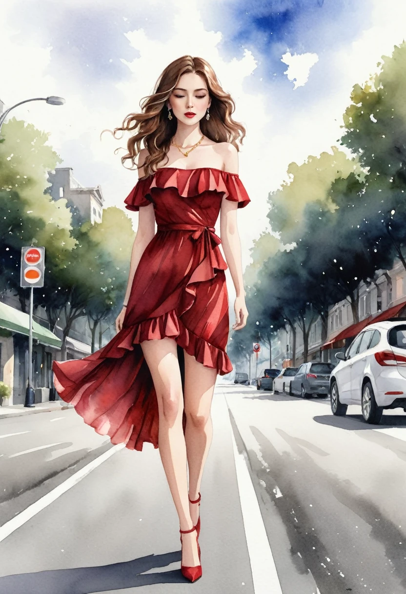 In a watercolor, anime-style, 2D illustration, at eye level, a woman with fair skin, long brown hair and a wide-shouldered red dress walks towards the viewer along a gray asphalt road. She is dressed in a short, off-the-shoulder dress with ruffles at the bottom and off-the-shoulder sleeves. Her hair is styled in curls that cascade down to her shoulders. Her lips are a deep red and she wears a gold necklace with a small pendant. Her eyes are closed and her mouth is open. The dress is fitted at the waist with a slim fit and has a ruffled bottom that cascades down to the knees. the road she is walking on is gray asphalt and has a curb that curves around her. The background is blurred, but it appears to be a blurred image of a tree or building.