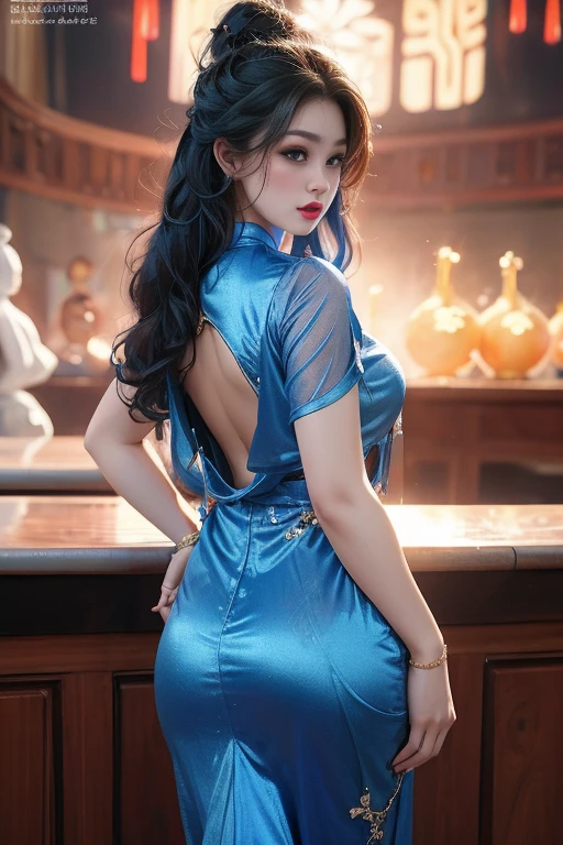 realisticlying, A high resolution, 1 rapariga, blue 💙 color hair, korean people, eBlue eyes, The transparent cheongsam is flying，Sheer tight-fitting garments，Beads of sweat dripped down the buttocks，Large chest，Wide buttock， your ass，Butt visible，Visible on the back，buttocks visible，Ass pouted，wide wide shot，Cinema lenses，The skin glows，space ship，