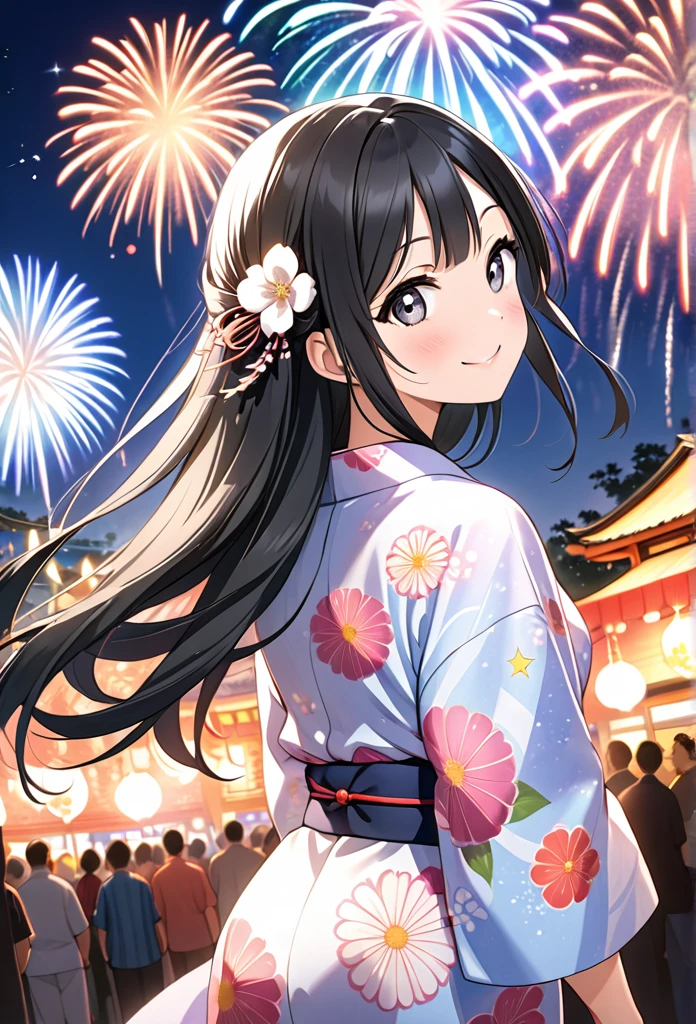 Ultra-realism、One girl, Setsuna Yuki、smile, Long Hair, Black Hair, Back view, Character profile, yukata、Sparkle Effect, Background Fireworks Festival、Wide-angle shot, 