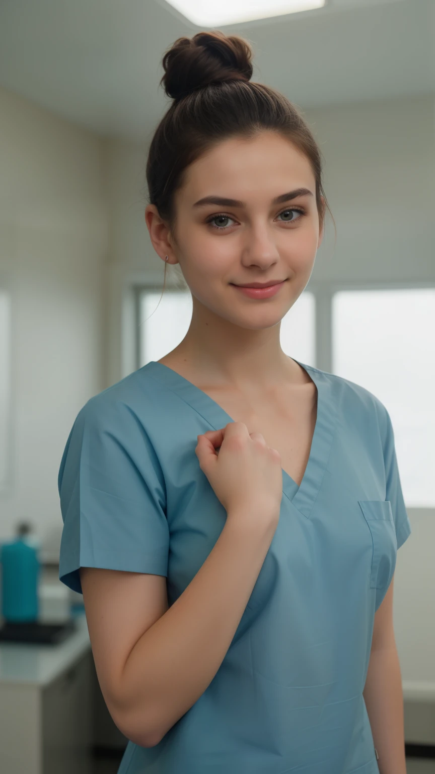 A woman in a blue scrub suit standing in a room SeaArt AI