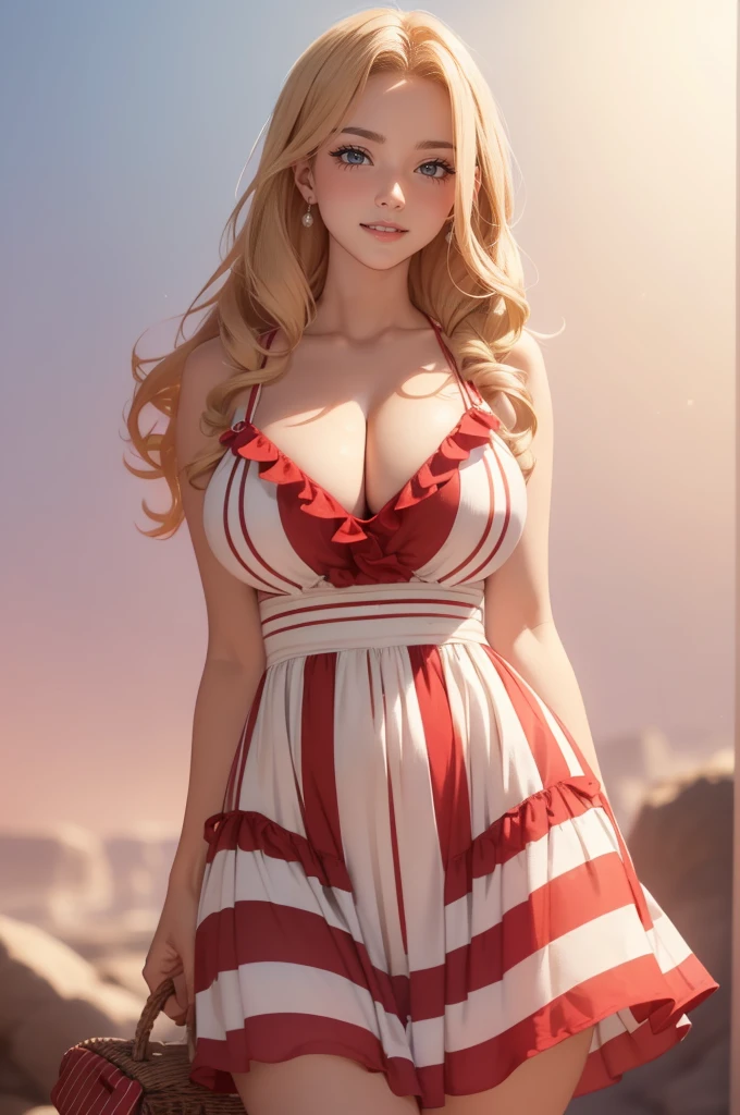 (masterpiece, best quality, cinematic, photorealistic, ultra-detailed), (1girl, female Mexican), (wide shot, from the front:1.4), (wearing Red and white striped sundress:1.5), (Beachy blonde waves:1.2), perfect hands, perfect face, wide hips, (long round legs, sexy legs), (large cleavage, massive natural tits), (seductive pose:1.2), (blue eyes, soft and shimmery eyeshadows, detailed pupils, defined eyelashes), (blushing, slightly parted lips, red lips:1.2), (Playfully twirling the lollipop or holding it up to her lips with a big smile), (gradient background)