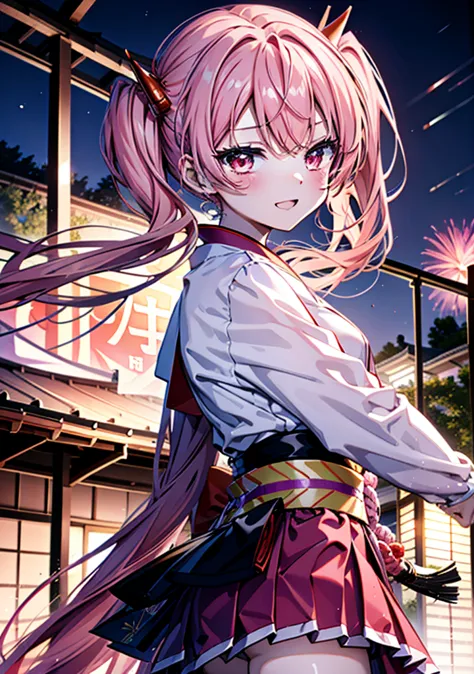 aria h kanzaki,horn,pink hair,long hair,low 　twin tails,red eyes,happy smile, smile, open your mouth,pink kimono,thick sleeves,日...