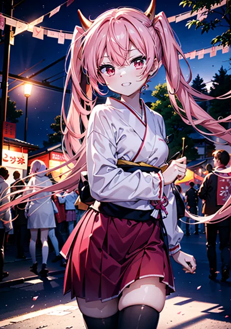 aria h kanzaki,horn,pink hair,long hair,low 　twin tails,red eyes,happy smile, smile, open your mouth,pink kimono,thick sleeves,日...