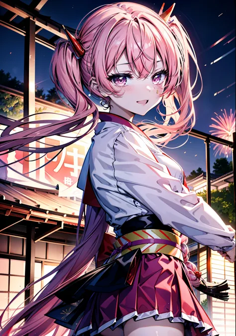 aria h kanzaki,horn,pink hair,long hair,low 　twin tails,red eyes,happy smile, smile, open your mouth,pink kimono,thick sleeves,日...