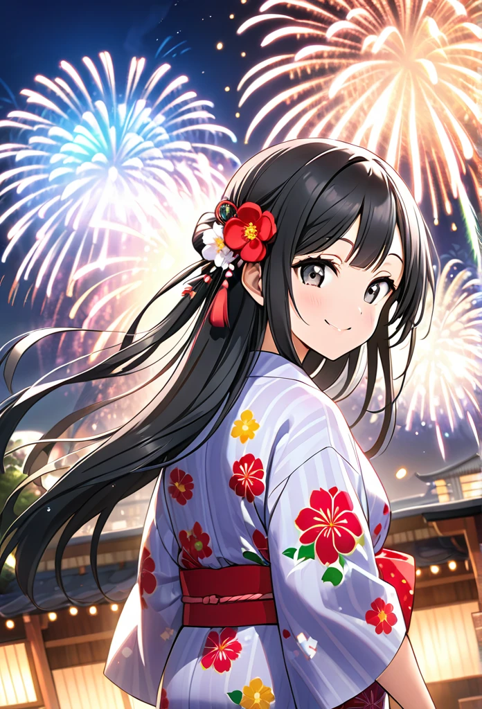 Ultra-realism、One girl, Setsuna Yuki、smile, Long Hair, Black Hair, Back view, Character profile, yukata、Sparkle Effect, Background Fireworks Festival、Wide-angle shot, 