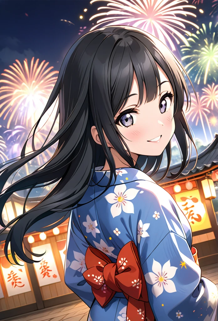 Ultra-realism、One girl, Setsuna Yuki、smile, Long Hair, Black Hair, Back view, Character profile, yukata、Sparkle Effect, Background Fireworks Festival、Wide-angle shot, 