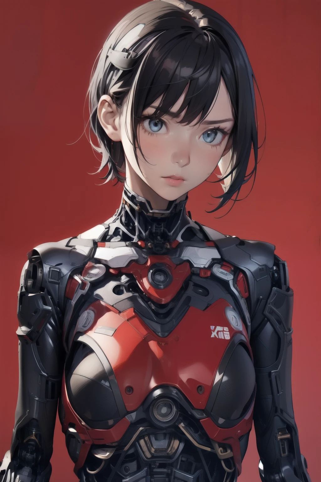 1 girl,solo,Medium breast,Upper Body,ruanyi0152,(Red background),ruanyi0238,cable,Mechanical Parts,Skeleton,spine,X-ray,Black Hair,short hair,whole body,Best Quality、masterpiece、High Resolution、Official Art、Highly Detailed CG Unity 8K Wallpapers、