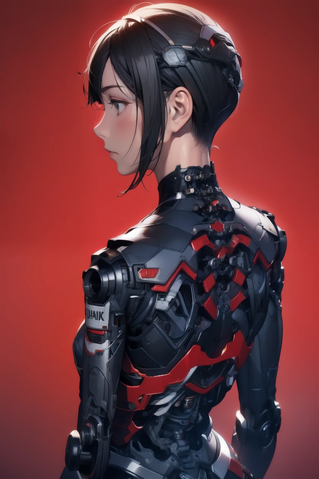 1 girl,solo,Medium breast,Upper Body、profile,ruanyi0152,(Red background),ruanyi0238,cable,Mechanical Parts,Skeleton,spine,X-ray,Black Hair,short hair,whole body,Best Quality、masterpiece、High Resolution、Official Art、Highly Detailed CG Unity 8K Wallpapers、