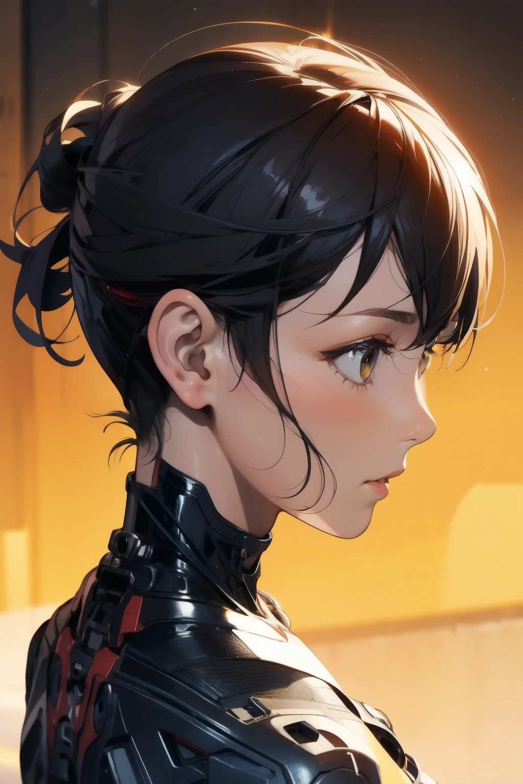 1 girl,solo,Large Breasts,Upper Body、Close-up of face,ruanyi0152,(Yellow background),ruanyi0238,cable,Mechanical Parts,Skeleton,spine,X-ray,Black Hair,short hair,whole body,Best Quality、masterpiece、High Resolution、Official Art、Highly Detailed CG Unity 8K Wallpapers、