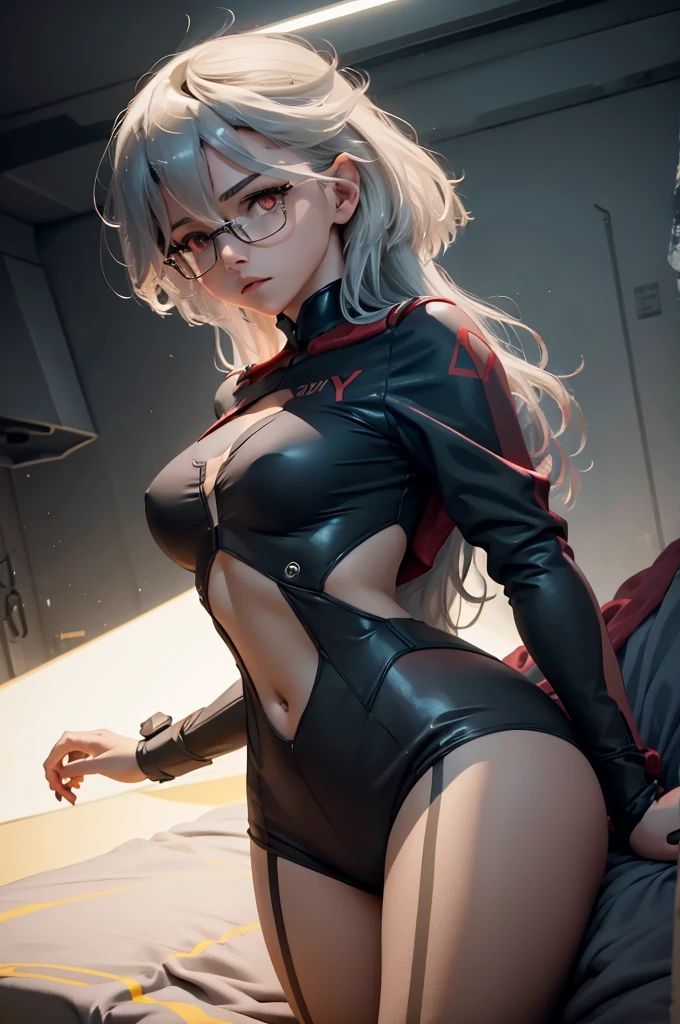 a girl is in robot costume and poses provocatively on bed, 1girl, solo, glasses, long hair, breasts, looking at viewer, bodysuit, small breasts, on bed, red eyes, lying, bangs, skin tight, indoors