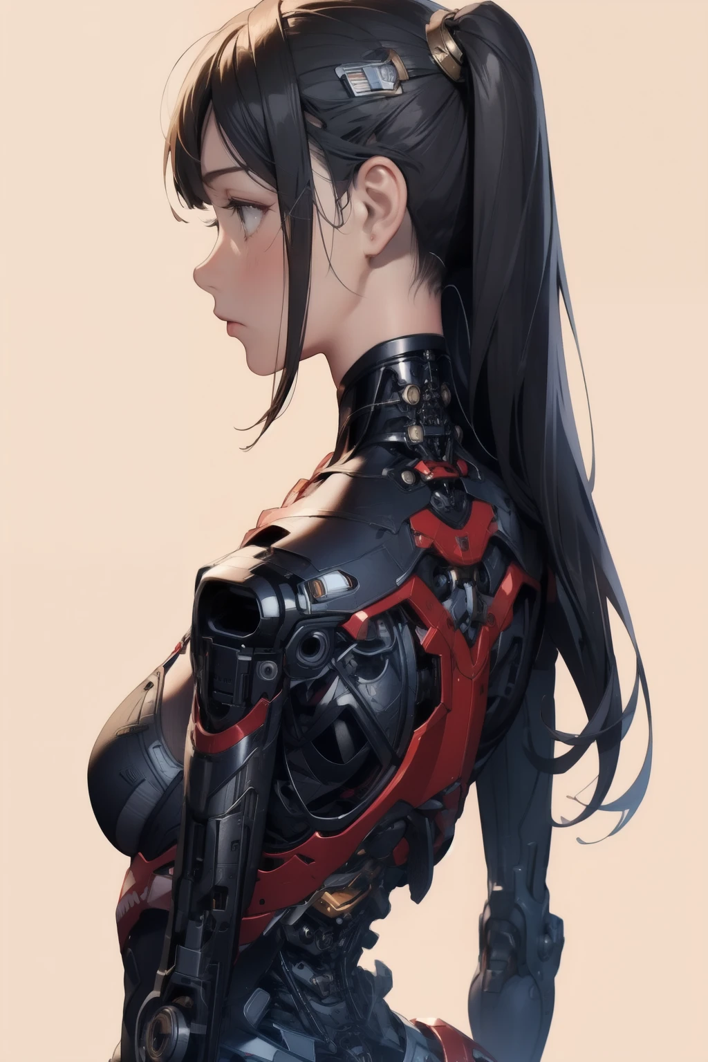 1 girl,solo,Large Breasts,Upper Body、profile,ruanyi0152,(Peach background),ruanyi0238,cable,Mechanical Parts,Skeleton,spine,Black Hair,Hime cut,Long Hair、whole body,Best Quality、masterpiece、High Resolution、Official Art、Highly Detailed CG Unity 8K Wallpapers、