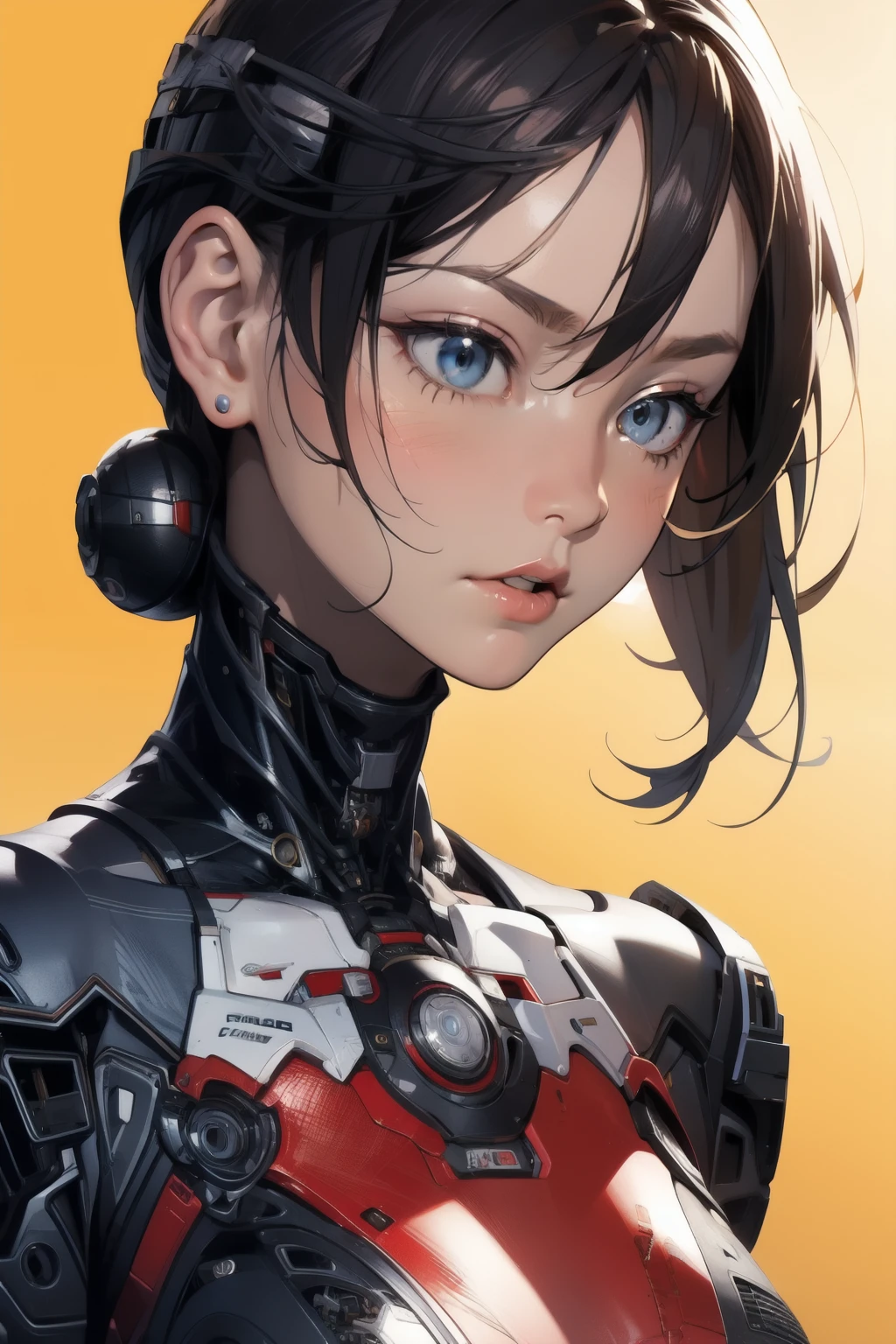 1 girl,solo,Large Breasts,Upper Body、Close-up of face,ruanyi0152,(Yellow background),ruanyi0238,cable,Mechanical Parts,Skeleton,spine,X-ray,Black Hair,Hime cut,whole body,Best Quality、masterpiece、High Resolution、Official Art、Highly Detailed CG Unity 8K Wallpapers、