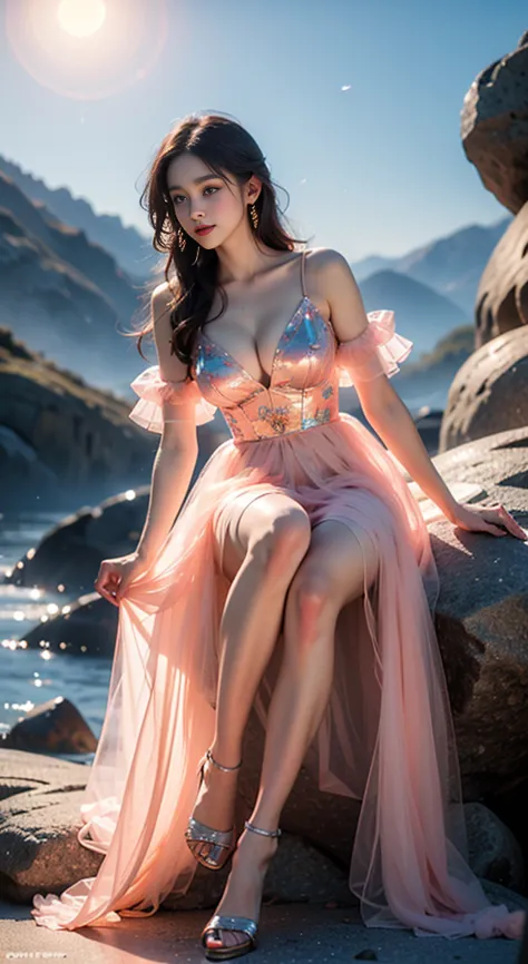 bioluminescent dress ((whole body)), ((Chest Window, Visible cleavage)), Practical, Fashion Girl, Red lips, Cute woman, cosmetic...