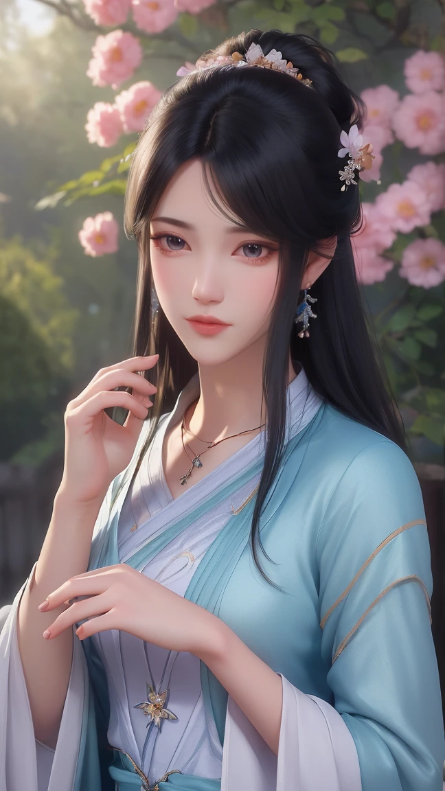 (best quality,ultra-detailed,photorealistic:1.37),vivid colors,studio lighting,beautiful detailed eyes,beautiful detailed lips,extremely detailed eyes and face,long eyelashes,portraits,black hair,confident expression,feminine,standing in a garden,soft sunlight, scenery,flower blossoms,peaceful atmosphere,artistic touch,textured brushstrokes,subtle color variations,brilliant white highlights,delicate movements,graceful pose,slight breeze,rustling leaves,sophisticated style,professional artwork,female beauty.