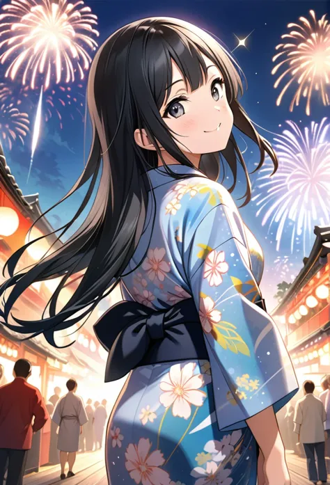 ultra-realism、one girl, setsuna yuki、smile, long hair, black hair, back view, character profile, yukata、sparkle effect, backgrou...