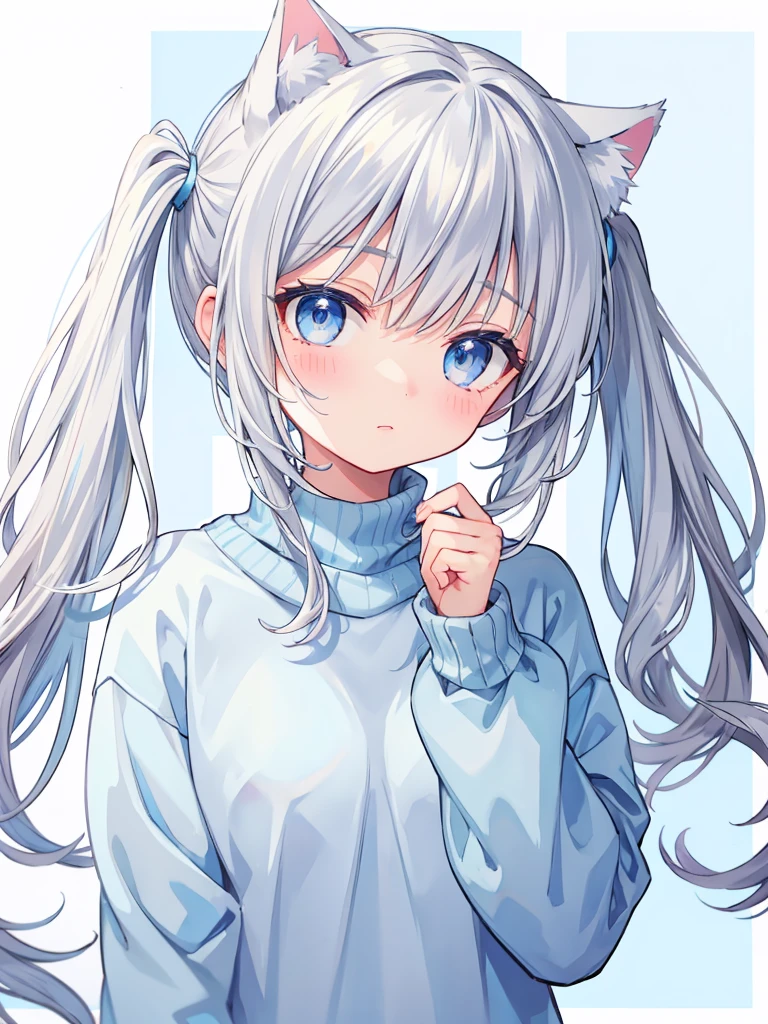 Gray Hair,Twin tails,Light blue eyes,Cat ear,sweater