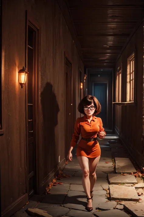 Velma, scared look, holding flashlight, walking through dark house, 