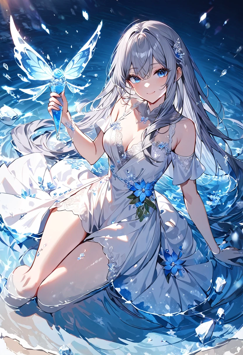 (Peace Fly), (Highest quality), Very detailed, 1 girl, Perfect Face, (Personal full-body photo:1.3), Very detailed顔，(Gray hair Long hair:1.5)，(blue eyes:1.4)，(On the water:1.4)，（Ice flowers bloom at my feet：1.3），(White Dress:1.5)，Light，snow，Broken ice，Ice Cone Splash，(smile:1.3)