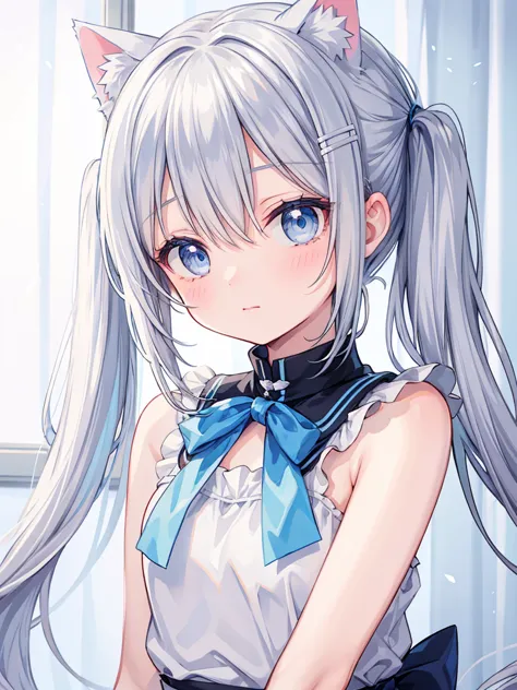 Gray Hair,Twin tails,Light blue eyes,Cat ear,Shoulder Bare,Drooping eyes