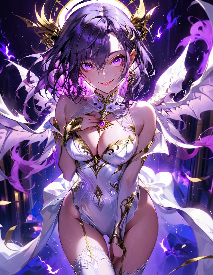 One young and beautiful woman,(Highest quality,Extremely detailed depiction,Incredibly absurd high resolution,Anatomically accurate depiction,Perfect body,Two curvaceous legs),(A fantastic goddess in a mysterious costume),(Gorgeous white outfit),eyelash,eye shadow,eyeliner,mascara,Flashy makeup,(Intensely glowing purple eyes,(Crazy Eyes),Glossy Lips,Wicked Smile,There is cleavage in the chest,wing,whole body),Sweat,background:Temple of the Night,Purple light