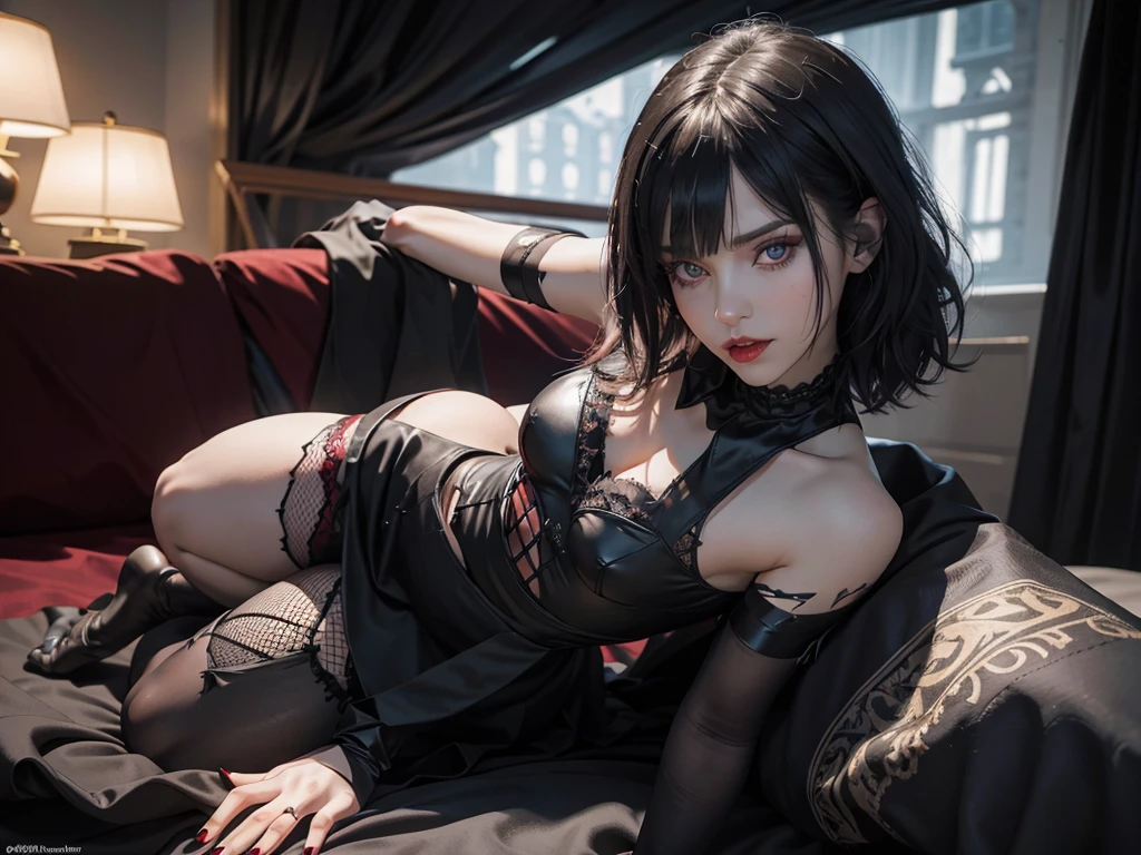 (best quality,highres),(realistic:1.37),dark,goth,woman, eyes,detailed face,black clothes,bobcut black hair,straight bangs,pale skin,red lipstick,intense expression,mysterious atmosphere,gothic background,dim lighting,night,vivid colors, fishnets, topless, fullbody, on her hands and knees, submissive girl, thick thigs, imminent deepthroat, cumshot pose,