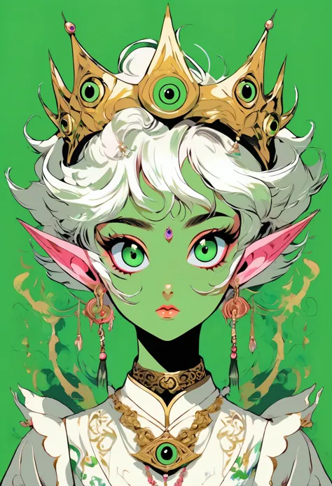 japanese anime，second dimension，horror style，horror character，(((third eye on the forehead，dark eyeshadow，white short hair，elf e...