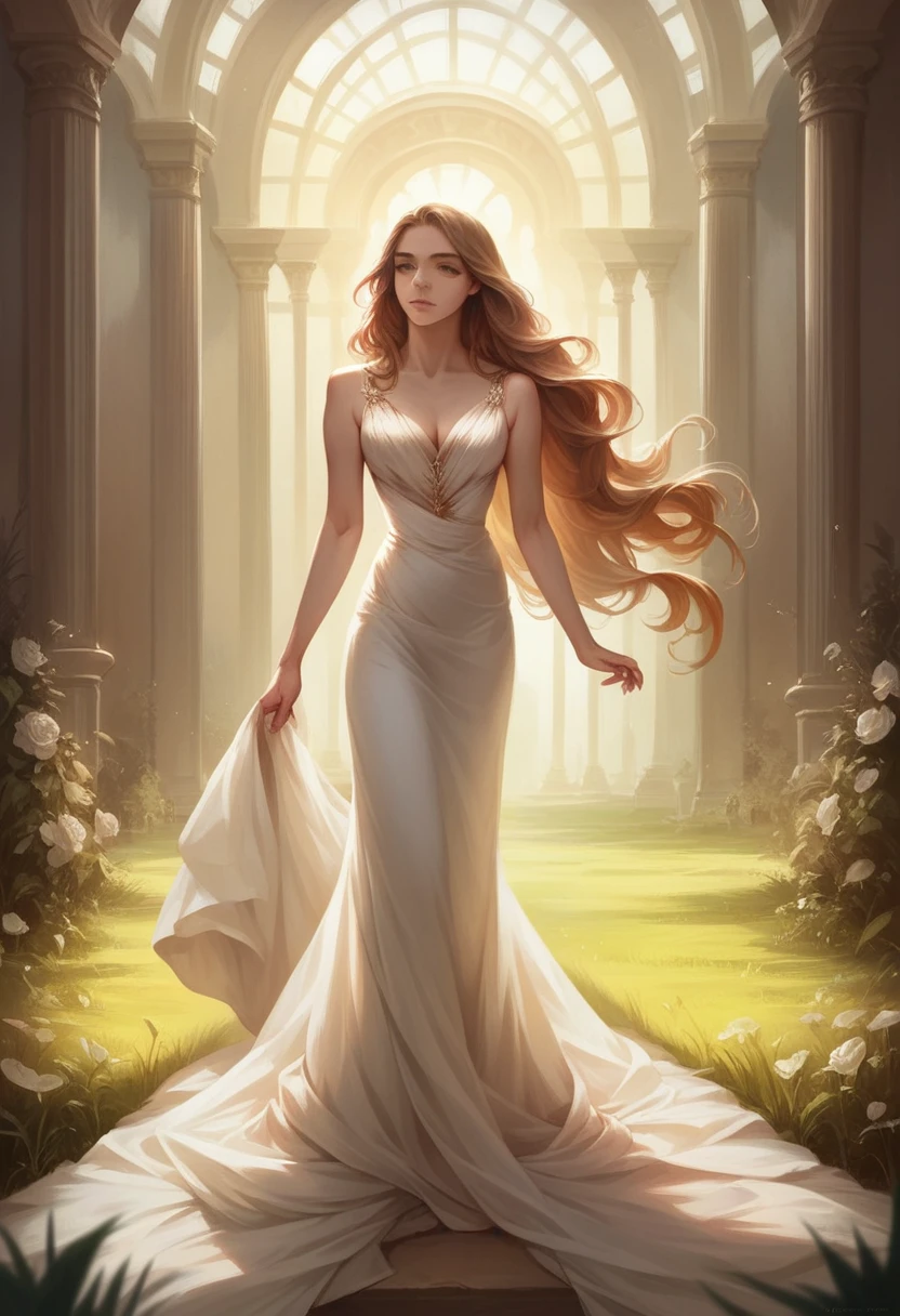 a woman walking away from the camera, elegant dress, long flowing hair, sunlit field, golden hour lighting, cinematic, photorealistic, extremely detailed, 8k, high resolution, best quality, intricate details, realistic, masterpiece