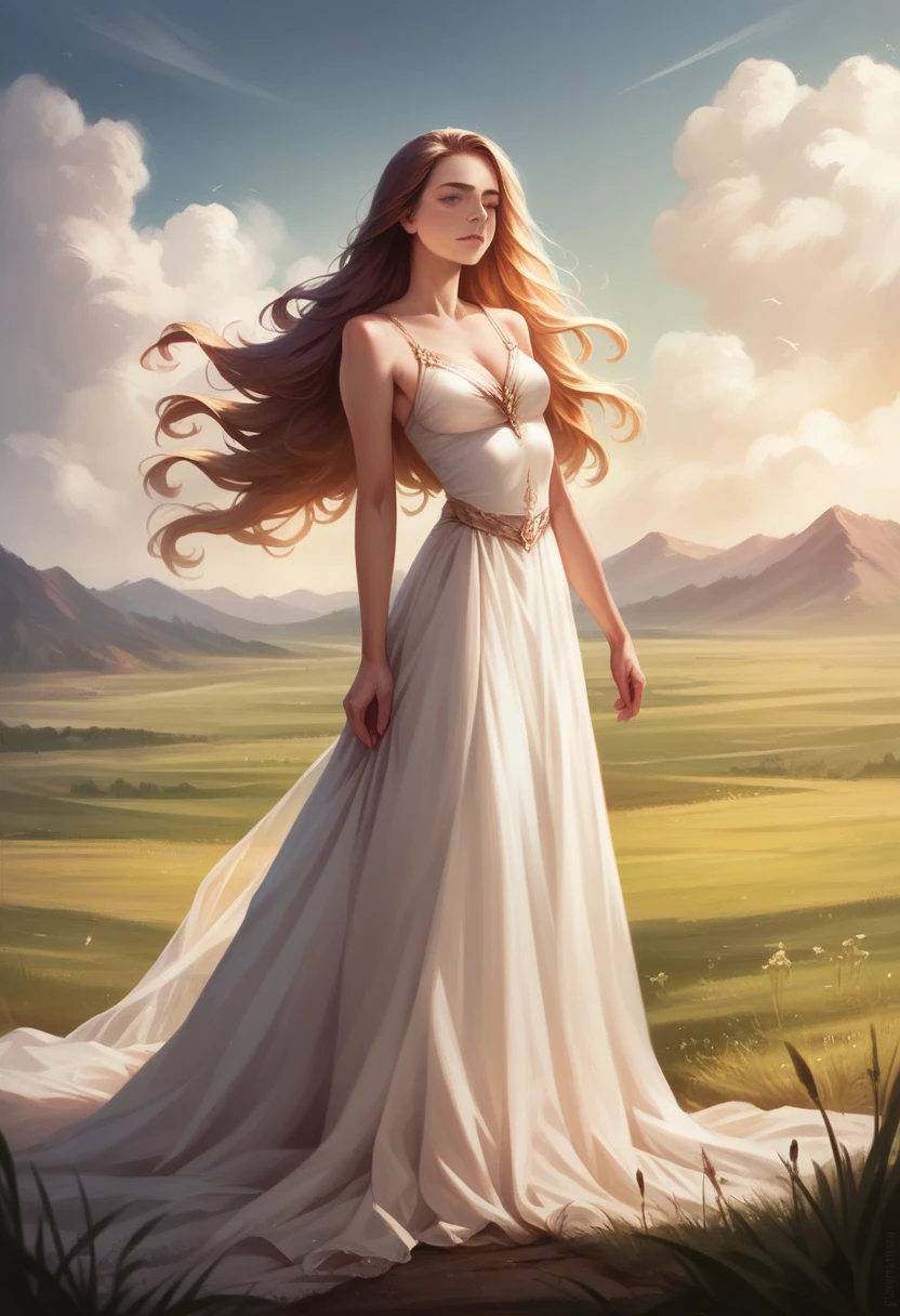 a woman walking away from the camera, elegant dress, long flowing hair, sunlit field, golden hour lighting, cinematic, photorealistic, extremely detailed, 8k, high resolution, best quality, intricate details, realistic, masterpiece