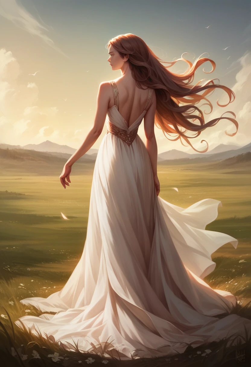 a woman walking away from the camera, elegant dress, long flowing hair, sunlit field, golden hour lighting, cinematic, photorealistic, extremely detailed, 8k, high resolution, best quality, intricate details, realistic, masterpiece