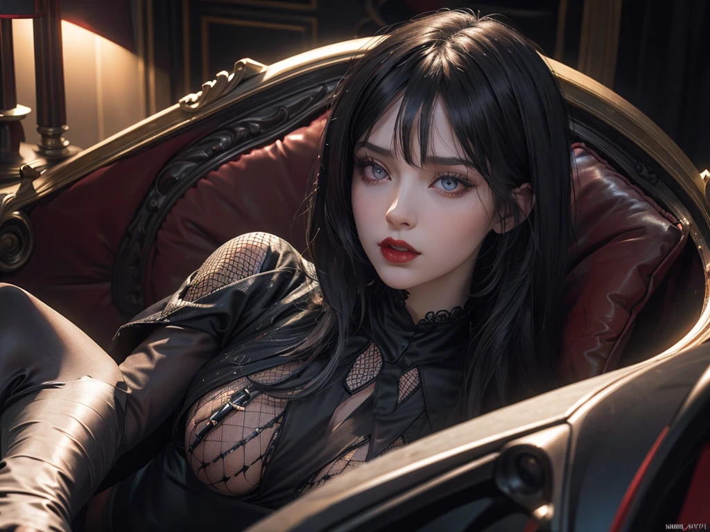 (best quality,highres),(realistic:1.37),dark,goth,woman, eyes,detailed face,black clothes,bobcut black hair,straight bangs,pale skin,red lipstick,intense expression,mysterious atmosphere,gothic background,dim lighting,night,vivid colors, fishnets, topless, fullbody, on her hands and knees, submissive girl, thick thigs, imminent deepthroat, cumshot pose,