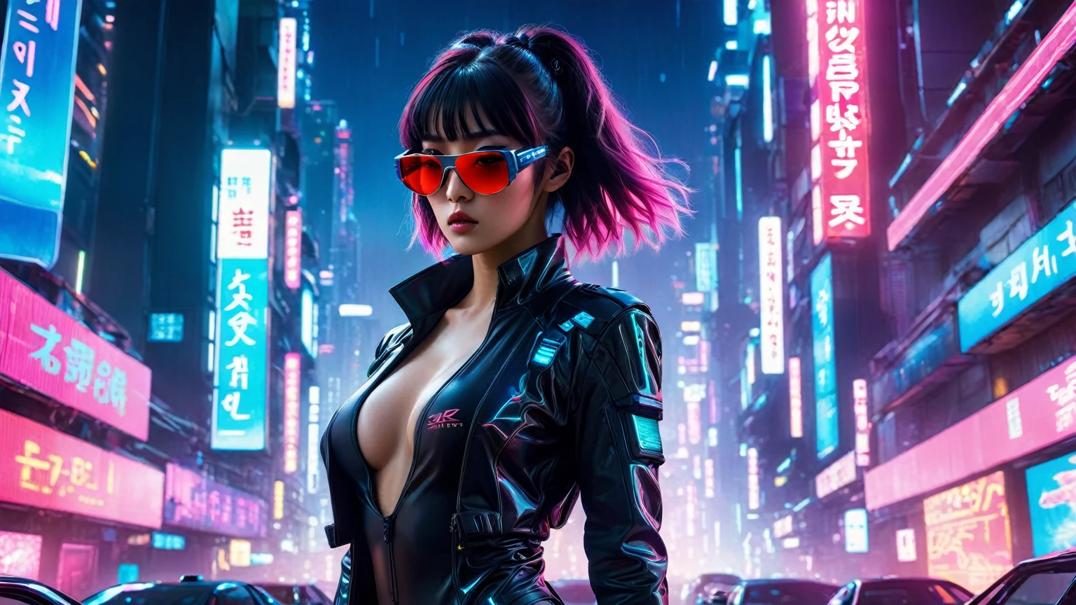 aerial view, dark night, A vast cyberpunk landscape set in Korea with ((flying cars)) and neon lights, in shades of pink, blue and red, (Matrix style cascading code), in the style of Blade Runner and Ghost In The Shell. (((((1girl, solo, alone))))), large-breast:1.2 slim body, cleavage:1.1, sexy miniskirt, ((((headphone, black sunglasses, standing and holding pistol pose)))), (((half-body thigh level medium shot))), cinematic lighting, lens flare, ray tracing.