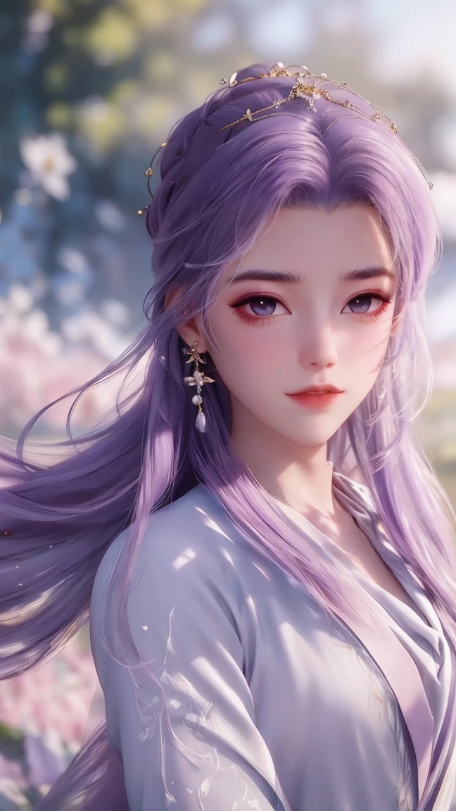 (best quality,ultra-detailed,photorealistic:1.37),vivid colors,studio lighting,beautiful detailed eyes,beautiful detailed lips,extremely detailed eyes and face,long eyelashes,portraits, purple hair,confident expression,feminine,standing in a garden,soft sunlight, scenery,flower blossoms,peaceful atmosphere,artistic touch,textured brushstrokes,subtle color variations,brilliant white highlights,delicate movements,graceful pose,slight breeze,rustling leaves,sophisticated style,professional artwork,female beauty.