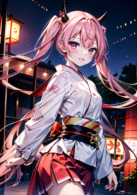 aria h kanzaki,horn,pink hair,long hair,low 　twin tails,red eyes,happy smile, smile, open your mouth,pink kimono,thick sleeves,l...