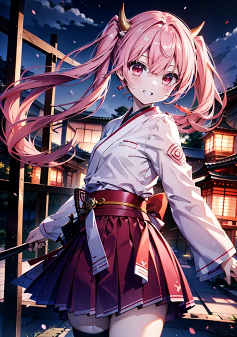 aria h kanzaki,horn,pink hair,long hair,low 　twin tails,red eyes,happy smile, smile, open your mouth,pink kimono,thick sleeves,l...