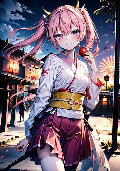 aria h kanzaki,horn,pink hair,long hair,low 　twin tails,red eyes,happy smile, smile, open your mouth,pink kimono,thick sleeves,l...