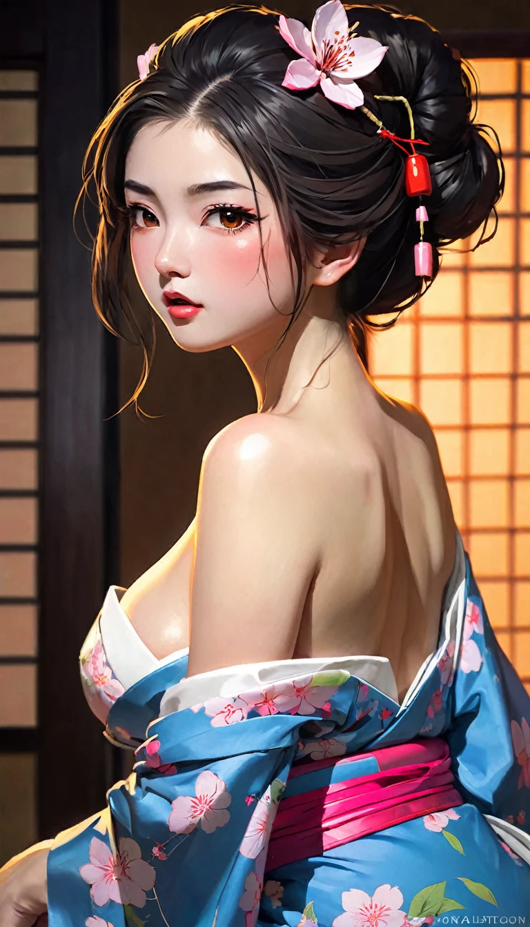 score_9, score_8_up, score_7_up, score_6_up, score_5_up, score_4_up, sexy asian girl, 1girl, japanese geisha, updo, looking at viewer, small pink nipples, large breasts, 20 years old, face close up, half body portrait, big brown eyes, nihongami, modest, seducing viewer, hearts, posing, sexy pose, solo, blue floral kimono, off shoulder, bonsai, sakura, worried, blushing, cowgirl position, cherry blossom, submission, sunset, cinematic lighting, semi realistic, side view, (young:1.2), wild sex, semi realistic, imminent orgasm, blushing, open mouth, squatting, bouncing hard (art inspired by Bill Sienkiewicz). oil painting)