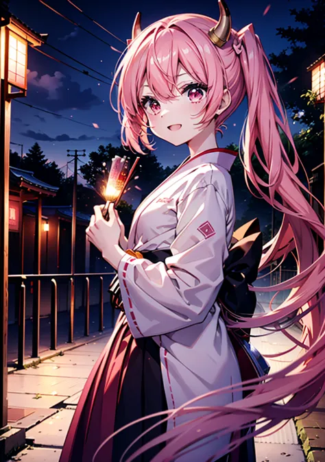 aria h kanzaki,horn,pink hair,long hair,low 　twin tails,red eyes,happy smile, smile, open your mouth,pink kimono,thick sleeves,l...