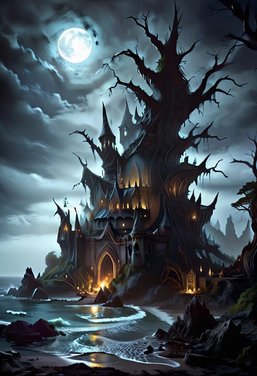 arafed, dark fantasy art, goth art,  an award winning digital picture, National Geographic picture of a dark mysterious island at night, it is night time, a dark island, dark gloomy beach, skull on the beach, some large ancient trees, a dark castle, lit with torches, necromancy magic, full moon, some stars,  Ultra-high resolution, High Contrast, (masterpiece:1.5), highest quality, Best aesthetics), 16K fantasy art, best details, best quality, highres, (ultra wide angle: 1.2), 16k, [ultra detailed], masterpiece, best quality, (extremely detailed), ladyshadow, dark fantasy, NecromancyAI