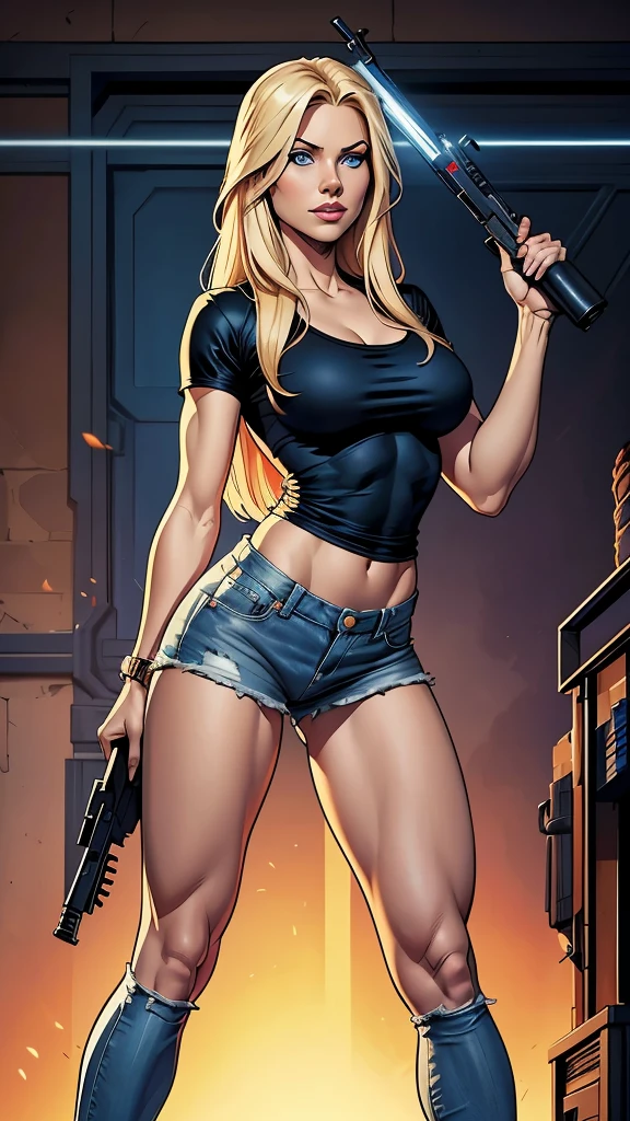 Only one woman with long straight light blonde hair.  Bright and expressive blue eyes.  She opted black shirt, kitbag, weapon ak-45 in her arm, big hip, long legs. Busty. Beautiful woman. Comic style, marvel comics. Sexy small denim shorts