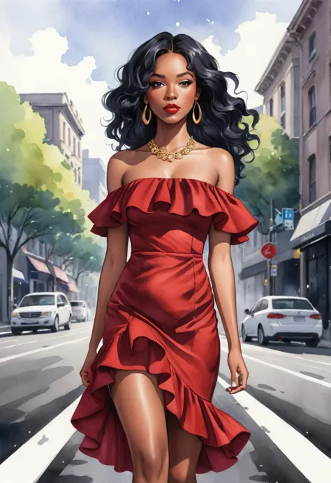 in a 2d watercolor, anime-style, eye-level illustration, an african woman with long black hair and an off-shoulder red dress wal...