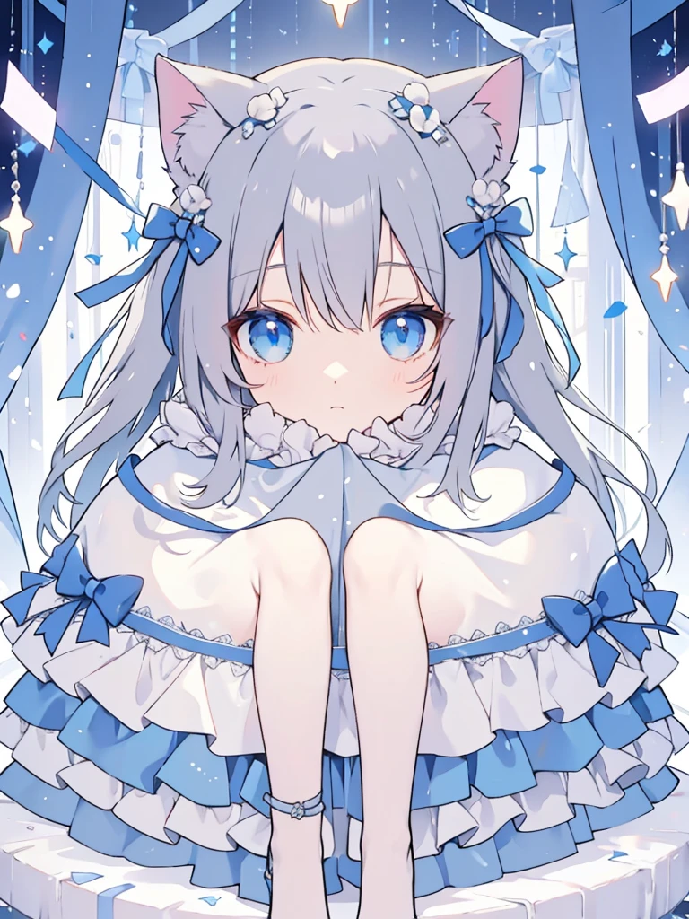 Gray Hair,ribbon,Light blue eyes,Cat ear,Half Twin,,Shoulder Bare