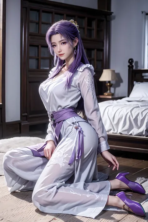 chinese purple cheongsam，long legs，in the bedroom，full-body shot，wearing purple high heels