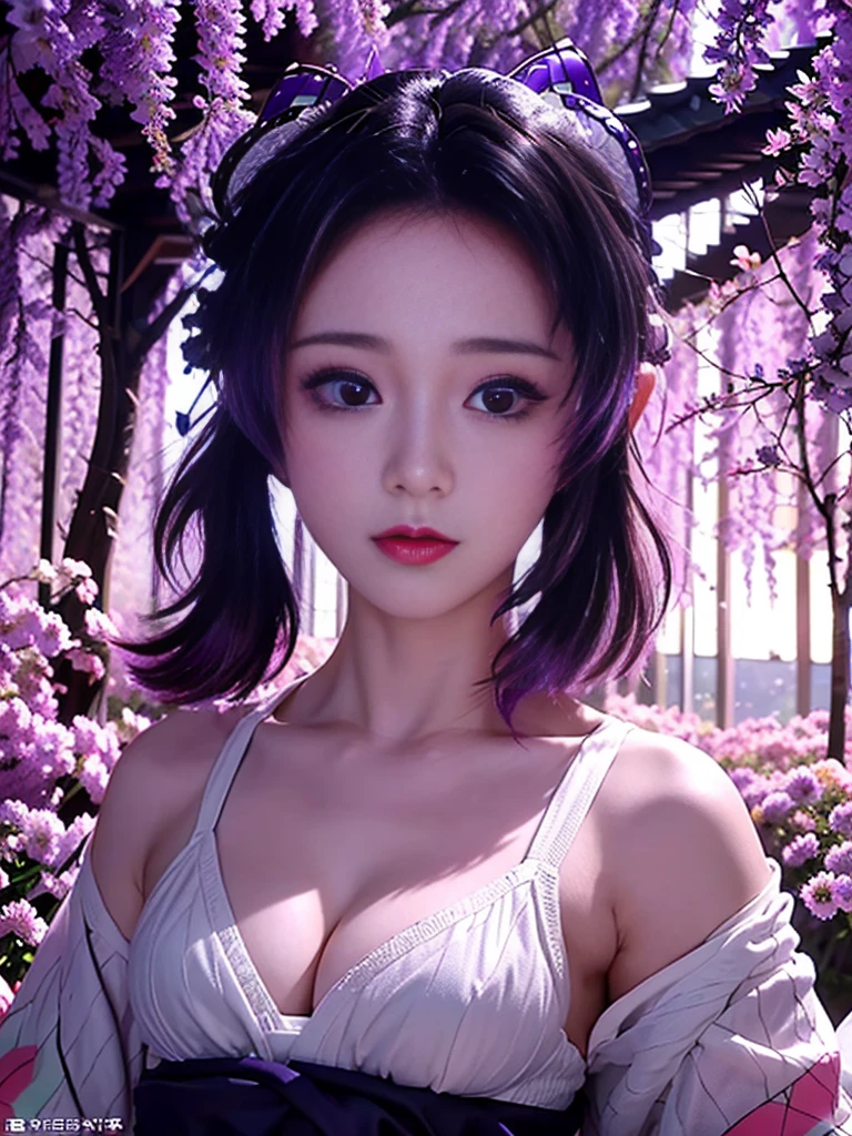 Realistic, Super detailed, High resolution, highest quality, Super detailedな,1 Female , Official Art, unity 8k wallpaper, Super detailed, beautiful and aesthetic, beautiful, masterpiece,( Super busty breasts:1.8,Small waist)、Glowing Skin,masterpiece, wonderful, (CG illustration),Asian, Ultra-realistic textured face and skin、Accurate anatomy、samurai、Colorful armor、Radiation Hair, bangs,Short Bob、((samurai))、sword,Facial details、Dynamic Pose、Dynamic Action、Dynamic Angle、Detailed Background、Wisteria flower、In combat、duel、Degrees of Freedom:1.3