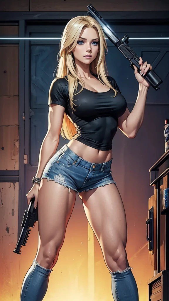 Only one woman with long straight light blonde hair.  Bright and expressive blue eyes.  She opted black shirt, kitbag, weapon ak-45 in her arm, big hip, long legs. Busty. Beautiful woman. Comic style, marvel comics. Sexy small denim shorts