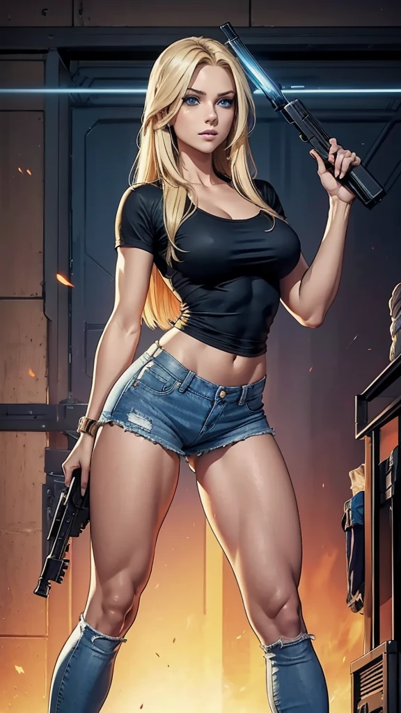 Only one woman with long straight light blonde hair.  Bright and expressive blue eyes.  She opted black shirt, kitbag, weapon ak-45 in her arm, big hip, long legs. Busty. Beautiful woman. Comic style, marvel comics. Sexy small denim shorts