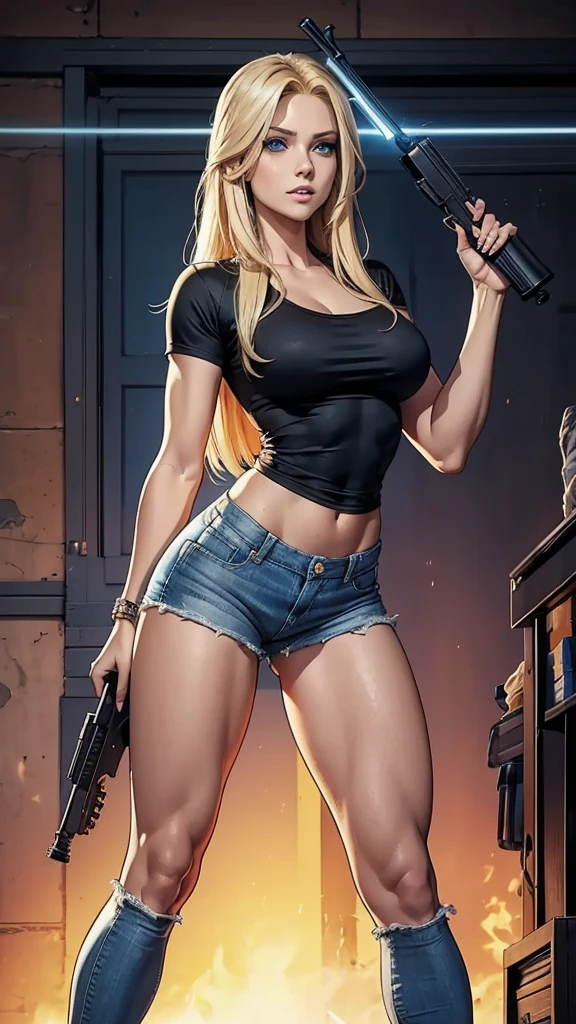 Only one woman with long straight light blonde hair.  Bright and expressive blue eyes.  She opted black shirt, kitbag, weapon ak-45 in her arm, big hip, long legs. Busty. Beautiful woman. Comic style, marvel comics. Sexy small denim shorts