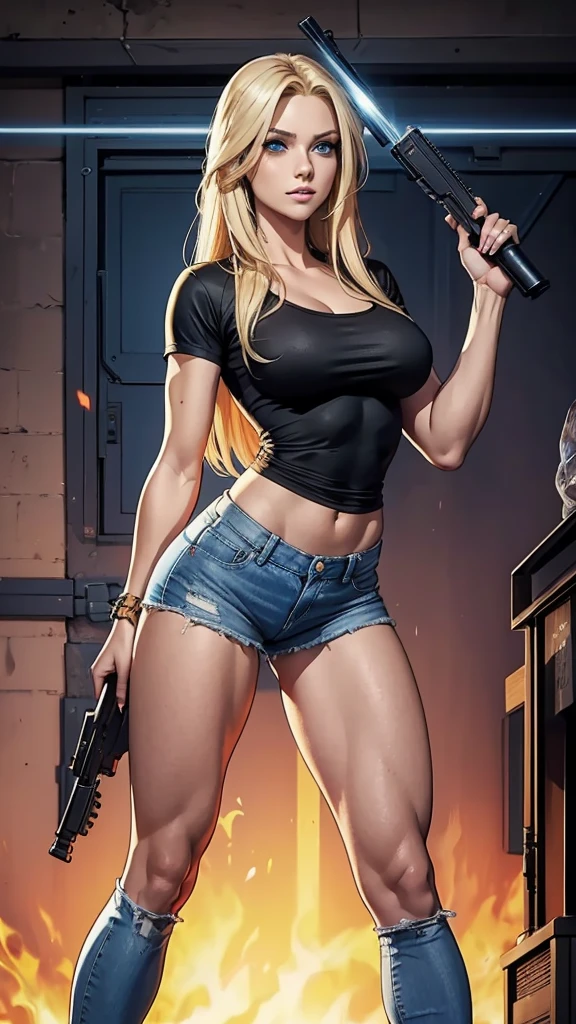 Only one woman with long straight light blonde hair.  Bright and expressive blue eyes.  She opted black shirt, kitbag, weapon ak-45 in her arm, big hip, long legs. Busty. Beautiful woman. Comic style, marvel comics. Sexy small denim shorts