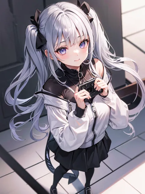 from above,silver hair, twintails, very long hair, アニメ, best quality, masterpiece、Black mini skirt、Black high neck half zipper、B...